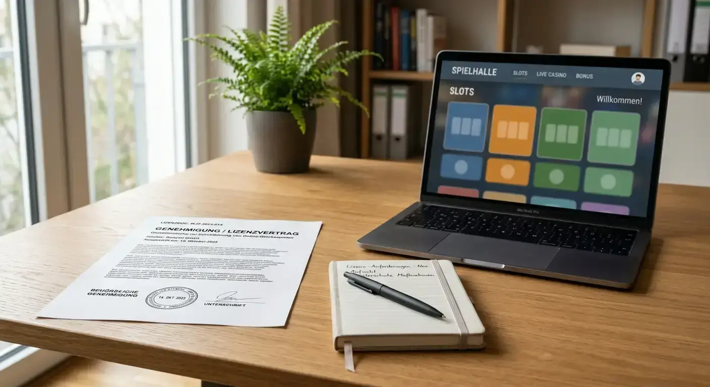 Redaktioneller Schreibtisch mit Lizenzdokument und Laptop für Test der besten Online Casinos ohne OASIS 2026