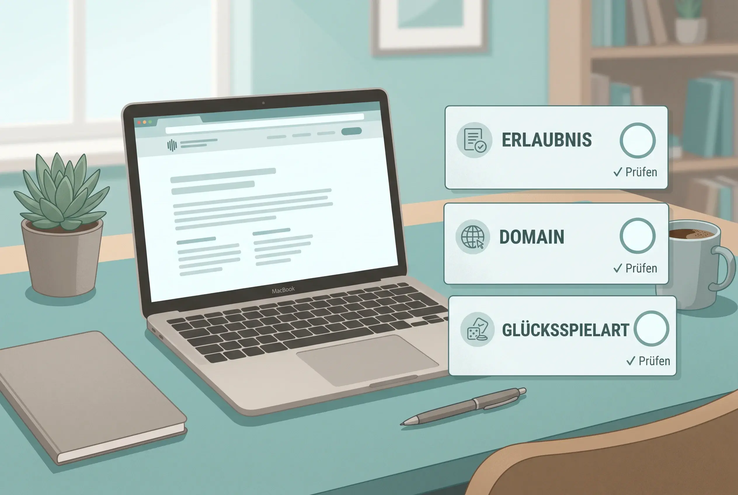 Ruhige Illustration einer amtlichen Prüfung von Erlaubnis, Domain und Glücksspielart