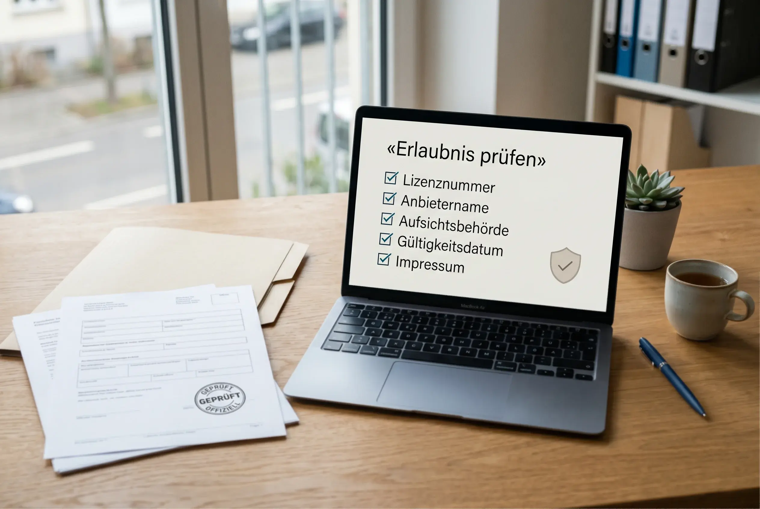 Ruhige redaktionelle Szene mit Checkliste, Laptop und amtlichem Prüfsymbol