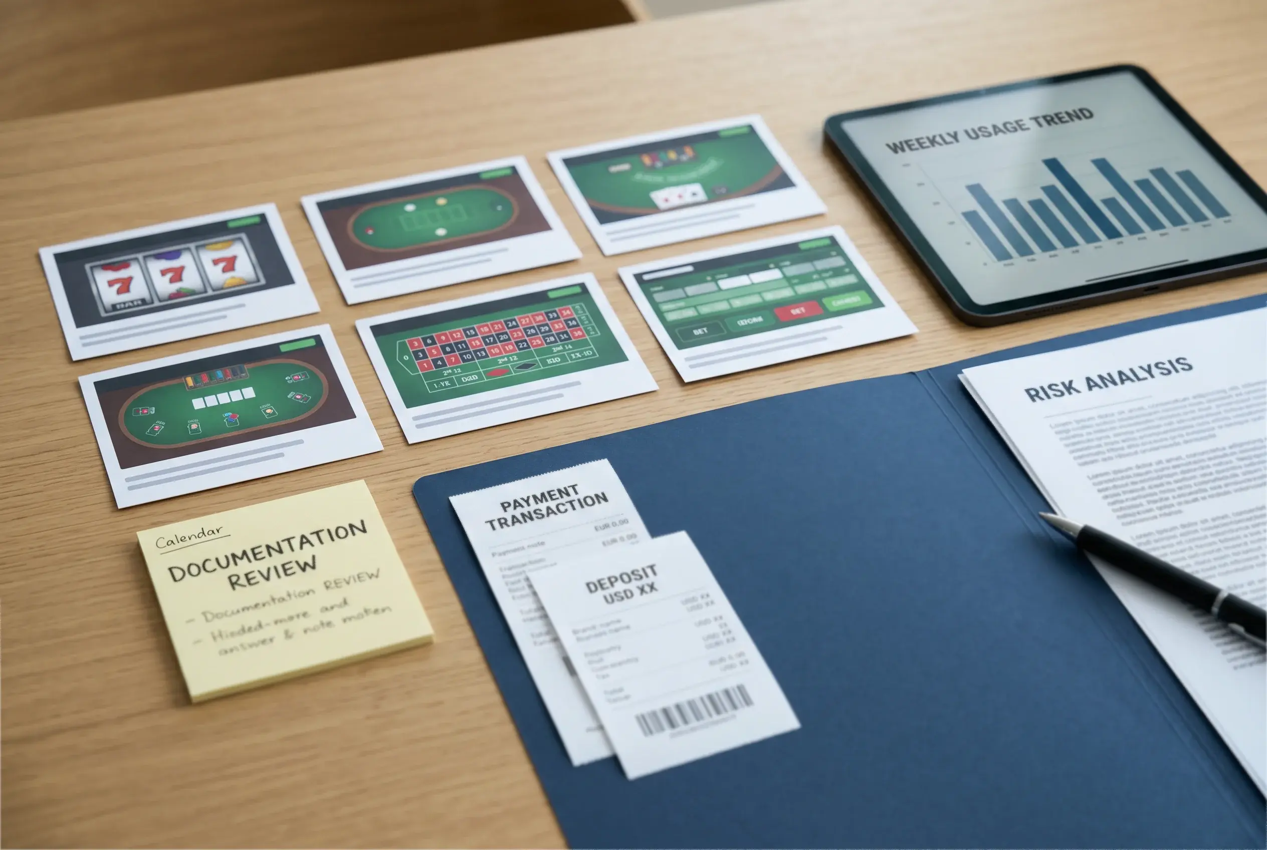 Geordnete Unterlagen mit Screenshots, Kalendernotiz und Prüfliste bei einem Online-Glücksspiel-Problem
