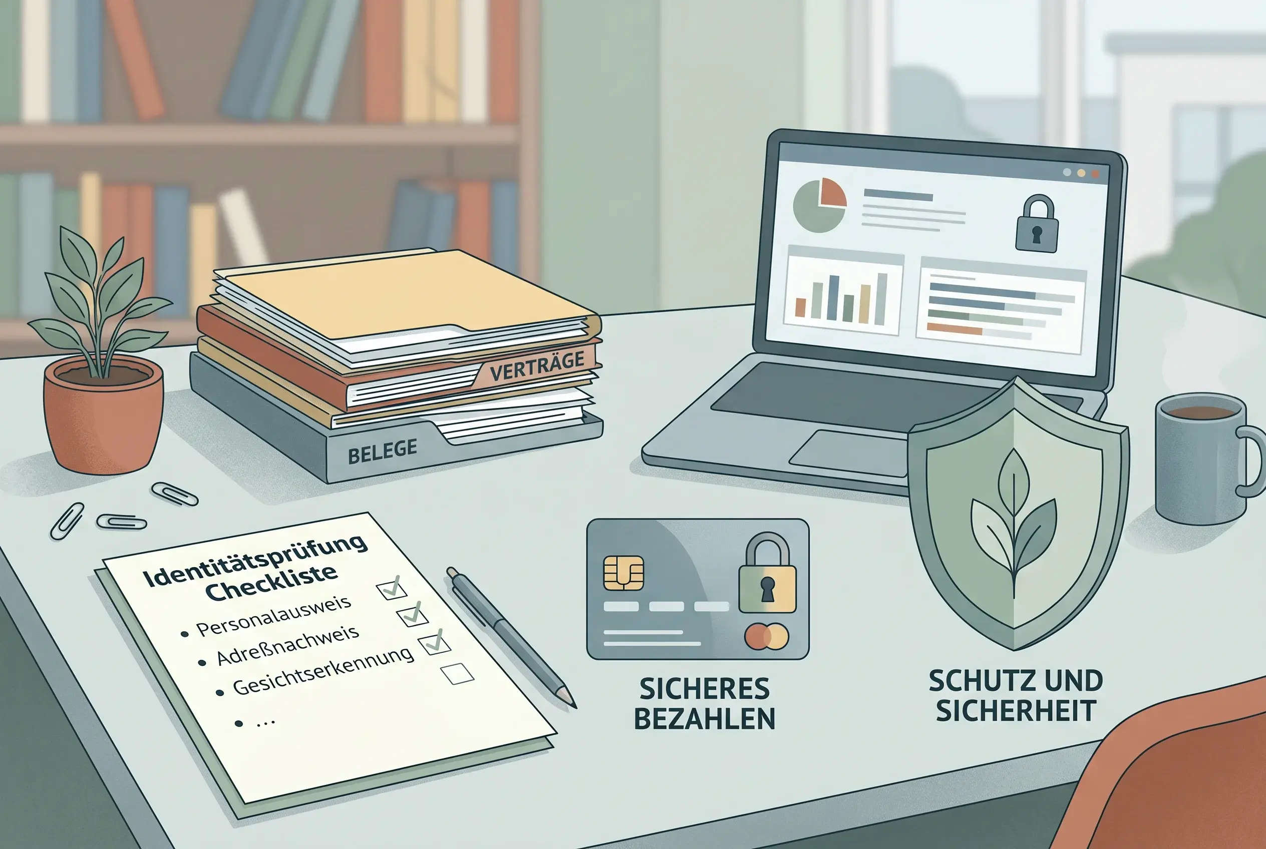 Ruhige Darstellung von Identitätsprüfung, Zahlungssicherheit und Unterlagen vor einer Einzahlung