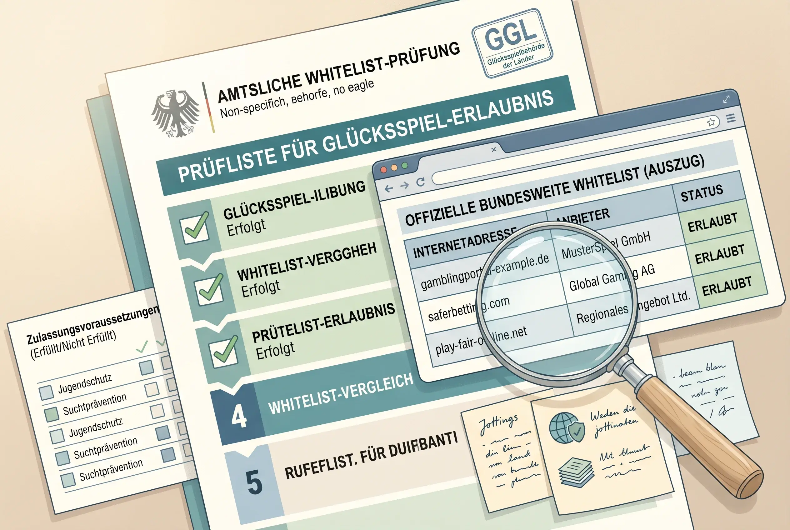 Neutrale Illustration einer Checkliste zur amtlichen Prüfung von Anbieter, Domain und Glücksspielart